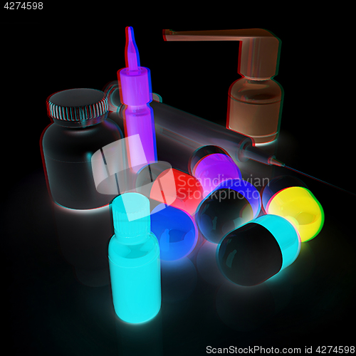 Image of Syringe, tablet, pill jar. 3D illustration. Anaglyph. View with 