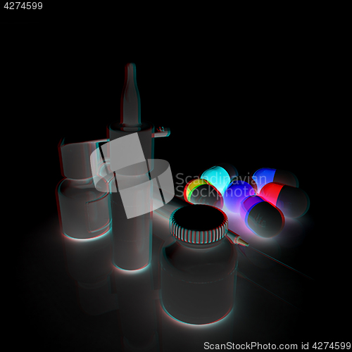 Image of Syringe, tablet, pill jar. 3D illustration. Anaglyph. View with 