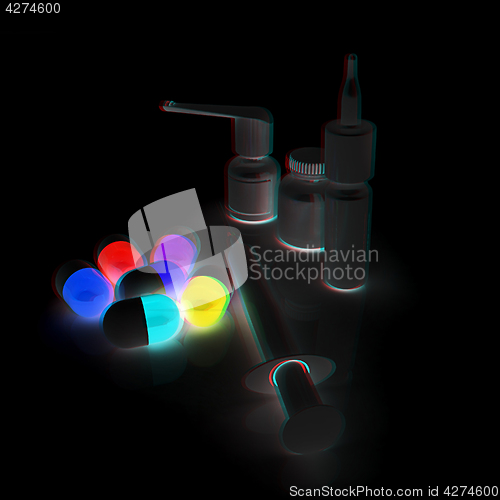 Image of Syringe, tablet, pill jar. 3D illustration. Anaglyph. View with 