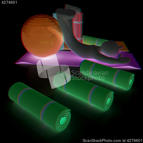 Image of 3d man on a karemat with fitness ball. 3D illustration. Anaglyph