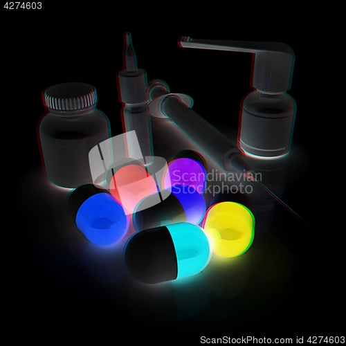 Image of Syringe, tablet, pill jar. 3D illustration. Anaglyph. View with 