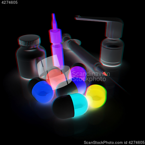 Image of Syringe, tablet, pill jar. 3D illustration. Anaglyph. View with 