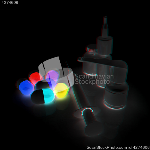 Image of Syringe, tablet, pill jar. 3D illustration. Anaglyph. View with 