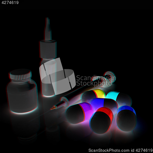 Image of Syringe, tablet, pill jar. 3D illustration. Anaglyph. View with 