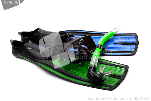 Image of Mask, snorkel and flippers of different colors