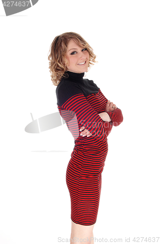 Image of Young woman in a red striped dress.