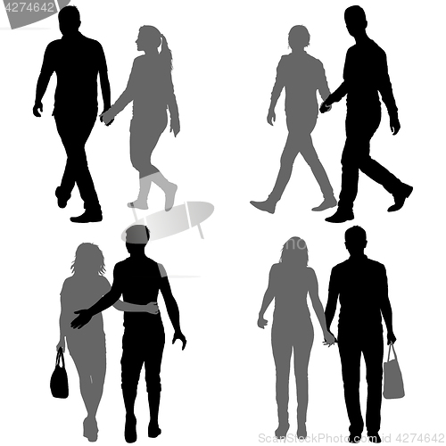 Image of Set Silhouette man and woman walking hand in hand