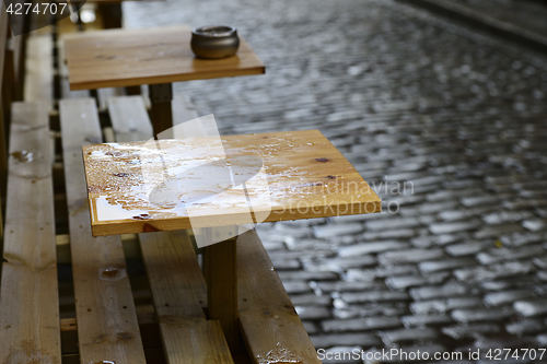 Image of empty coffee tables in the rain