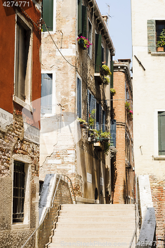 Image of Narrow alley in the historic center of Venice, Veneto, Italy, Eu