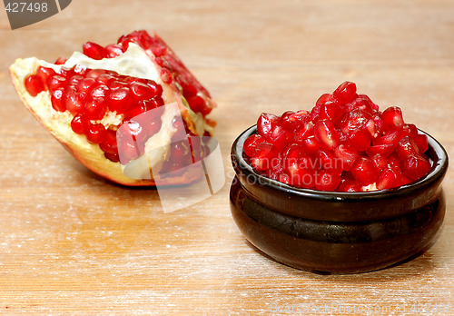 Image of broken ripe pomegranate fruit and seeds
