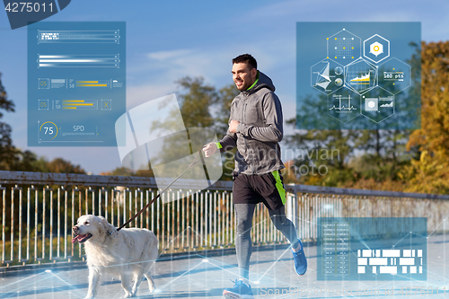 Image of happy man with labrador dog running outdoors