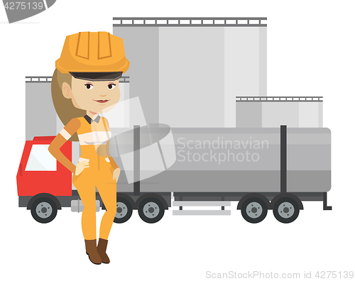 Image of Worker on background of fuel truck and oil plant.