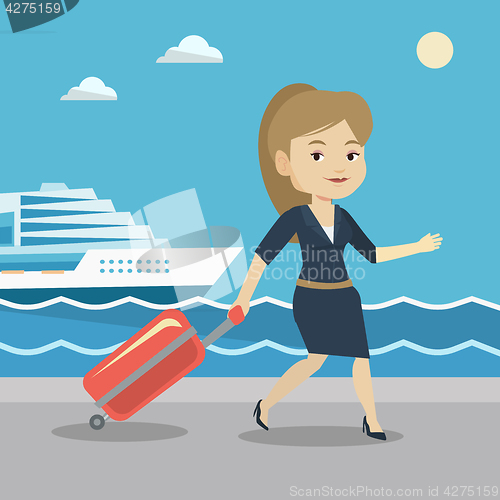 Image of Passenger with suitcase going to shipboard.