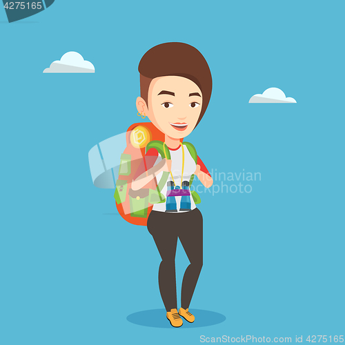 Image of Cheerful traveler with backpack.