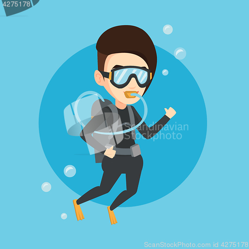 Image of Woman diving with scuba and showing ok sign.