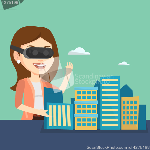 Image of Happy young woman wearing virtual reality headset.