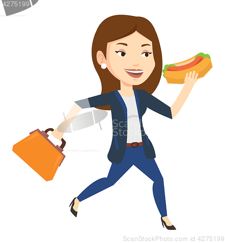 Image of Business woman eating hot dog vector illustration.