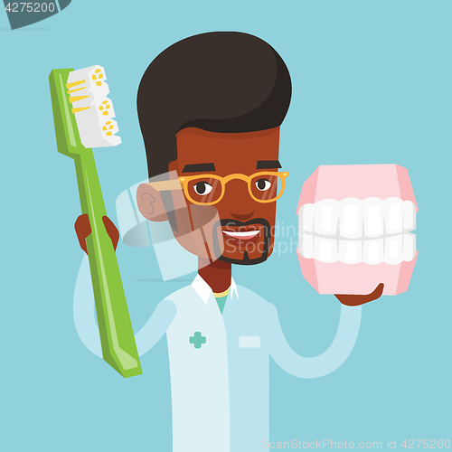 Image of Dentist with dental jaw model and toothbrush.