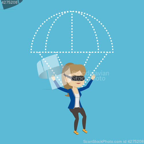 Image of Happy woman in vr headset flying with parachute.