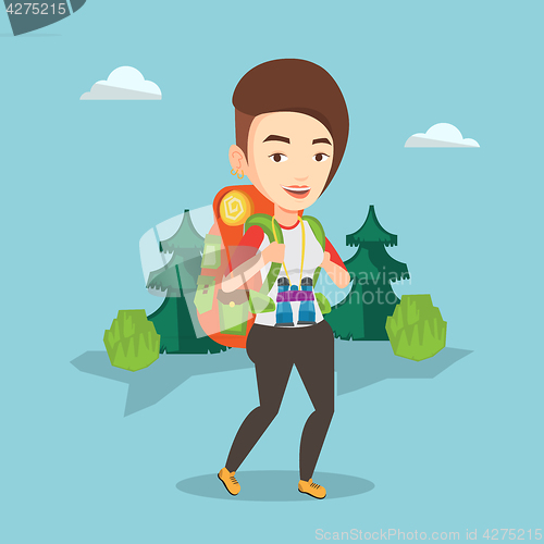 Image of Woman with backpack hiking vector illustration.