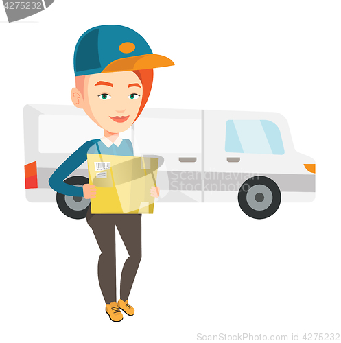 Image of Delivery courier carrying cardboard boxes.