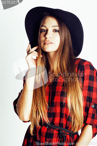 Image of young pretty brunette girl hipster in hat on white background casual close up dreaming smiling. real american modern woman, lifestyle real people concept