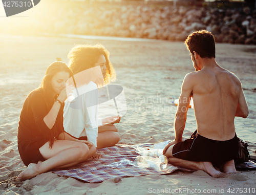 Image of pretty diverse nation and age friends on sea coast having fun, lifestyle people concept on beach vacations 