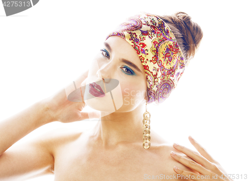 Image of young pretty modern girl with bright shawl on head emotional posing isolated on white background, asian people ethnicity