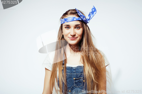 Image of young pretty stylish hipster girl posing emotional isolated on white background happy smiling cool smile, lifestyle people concept