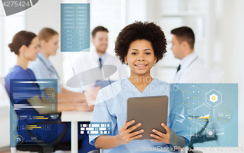 Image of happy doctor with tablet pc over team at clinic