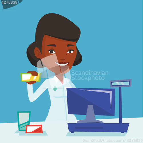 Image of Pharmacist showing some medicine.