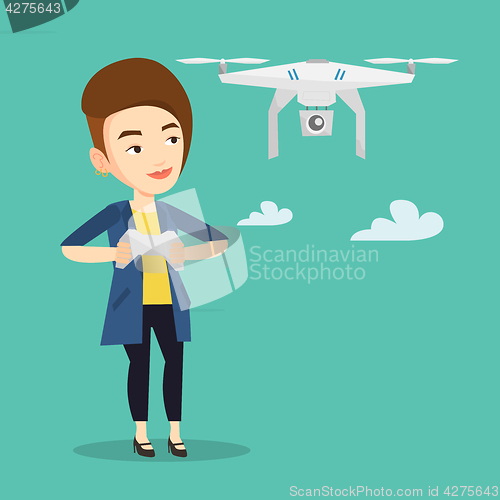 Image of Woman flying drone vector illustration.