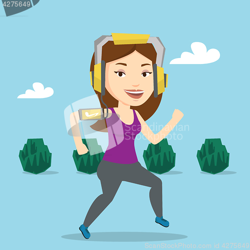 Image of Woman running with earphones and smartphone.