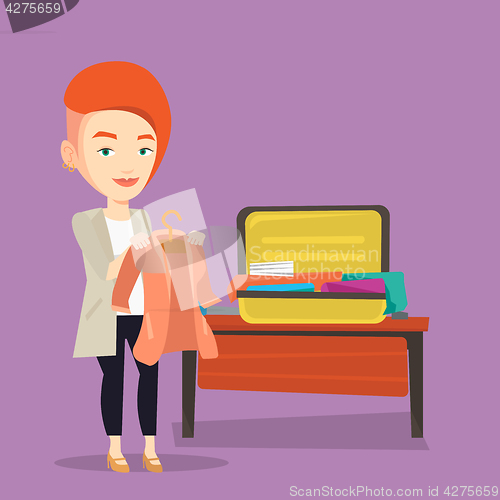 Image of Woman packing his suitcase vector illustration.