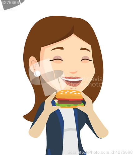 Image of Woman eating hamburger vector illustration.