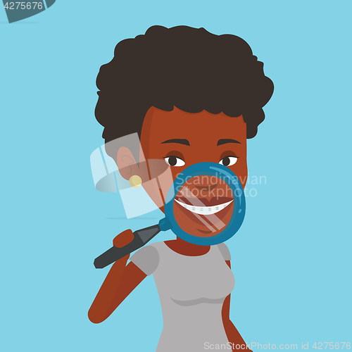 Image of Woman examining her teeth vector illustration.