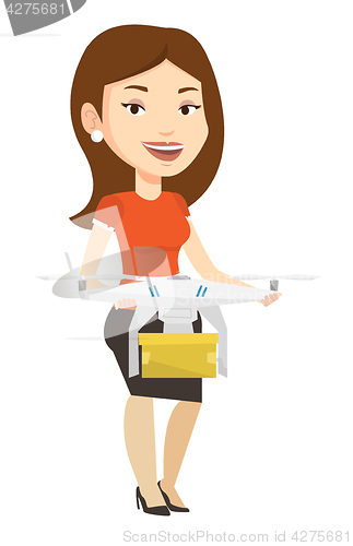 Image of Woman controlling delivery drone with post package