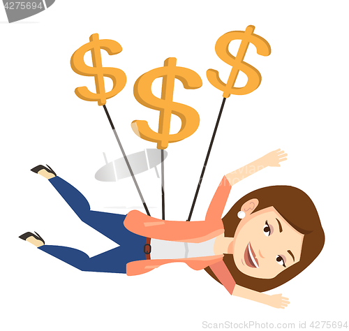 Image of Business woman flying with dollar signs.