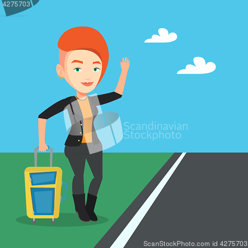 Image of Young woman hitchhiking vector illustration.