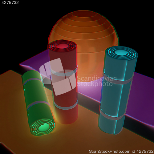 Image of karemat and fitness ball. 3D illustration. Anaglyph. View with r