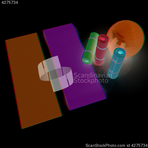 Image of karemat and fitness ball. 3D illustration. Anaglyph. View with r