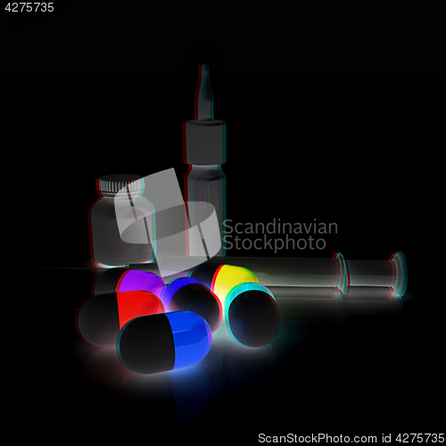 Image of Syringe, tablet, pill jar. 3D illustration. Anaglyph. View with 