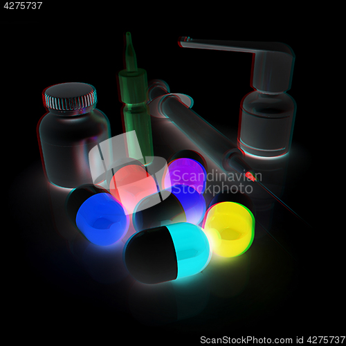 Image of Syringe, tablet, pill jar. 3D illustration. Anaglyph. View with 
