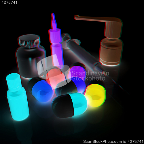 Image of Syringe, tablet, pill jar. 3D illustration. Anaglyph. View with 