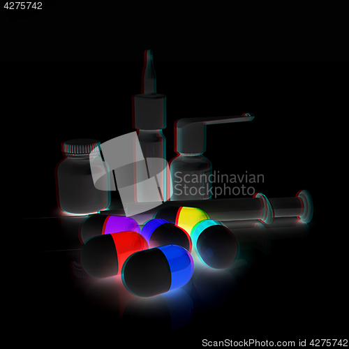 Image of Syringe, tablet, pill jar. 3D illustration. Anaglyph. View with 