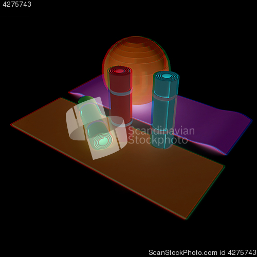 Image of karemat and fitness ball. 3D illustration. Anaglyph. View with r