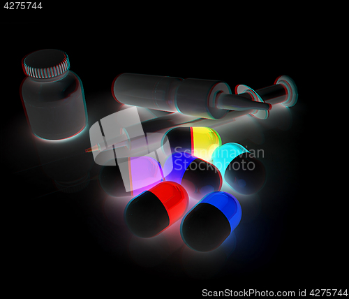 Image of Syringe, tablet, pill jar. 3D illustration. Anaglyph. View with 