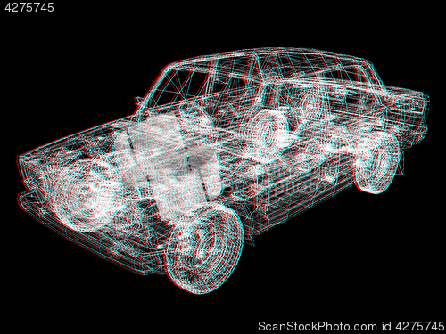 Image of 3d model cars. 3D illustration. Anaglyph. View with red/cyan gla