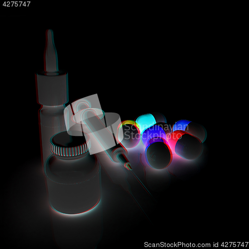 Image of Syringe, tablet, pill jar. 3D illustration. Anaglyph. View with 