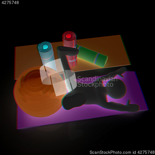 Image of 3d man on a karemat with fitness ball. 3D illustration. Anaglyph